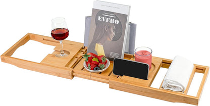 Adjustable Bamboo Bathtub Tray – Luxurious Caddy with Book, Tablet, Wine Glass, & Towel Holder