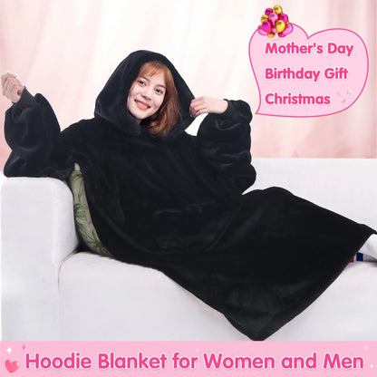 Cozy Wearable Blanket Hoodie – Flannel Oversized Sweatshirt with Sleeves & Giant Pocket for Women and Men