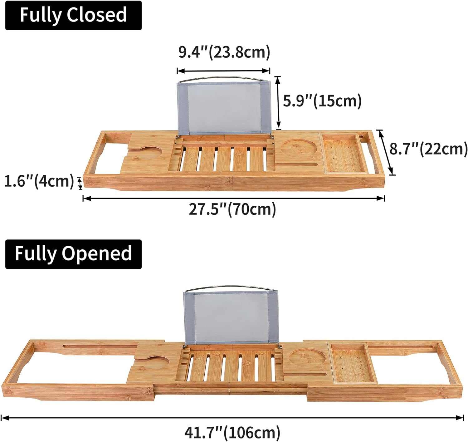 Adjustable Bamboo Bathtub Tray – Luxurious Caddy with Book, Tablet, Wine Glass, & Towel Holder