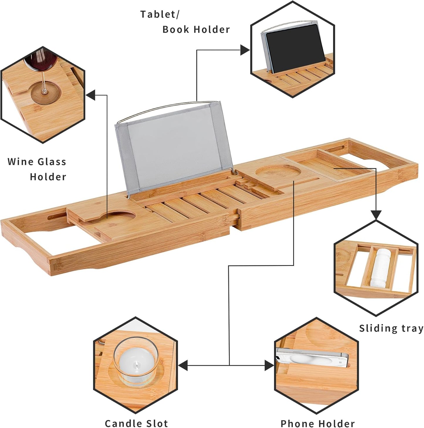 Adjustable Bamboo Bathtub Tray – Luxurious Caddy with Book, Tablet, Wine Glass, & Towel Holder