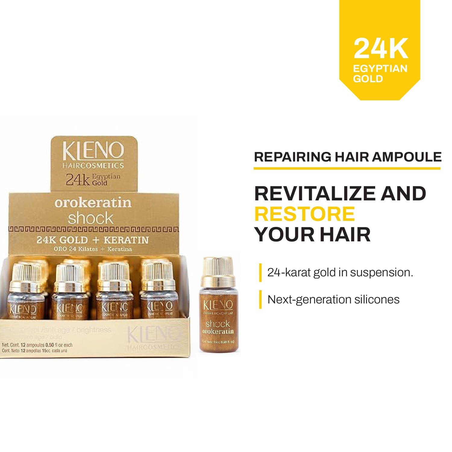 Shock Orokeratin 24K Gold + Keratin - Anti-Age, Frizz Control - 12 Ampoules 0.50 Fl Oz (15Cc)