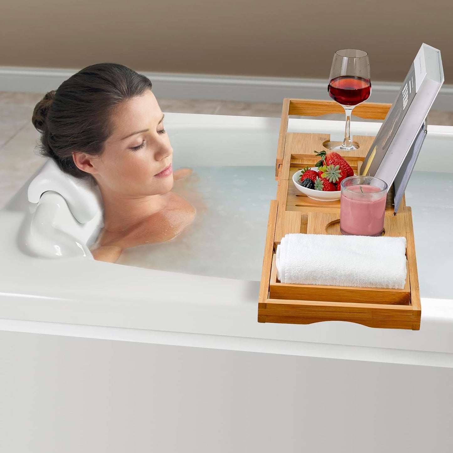 Adjustable Bamboo Bathtub Tray – Luxurious Caddy with Book, Tablet, Wine Glass, & Towel Holder