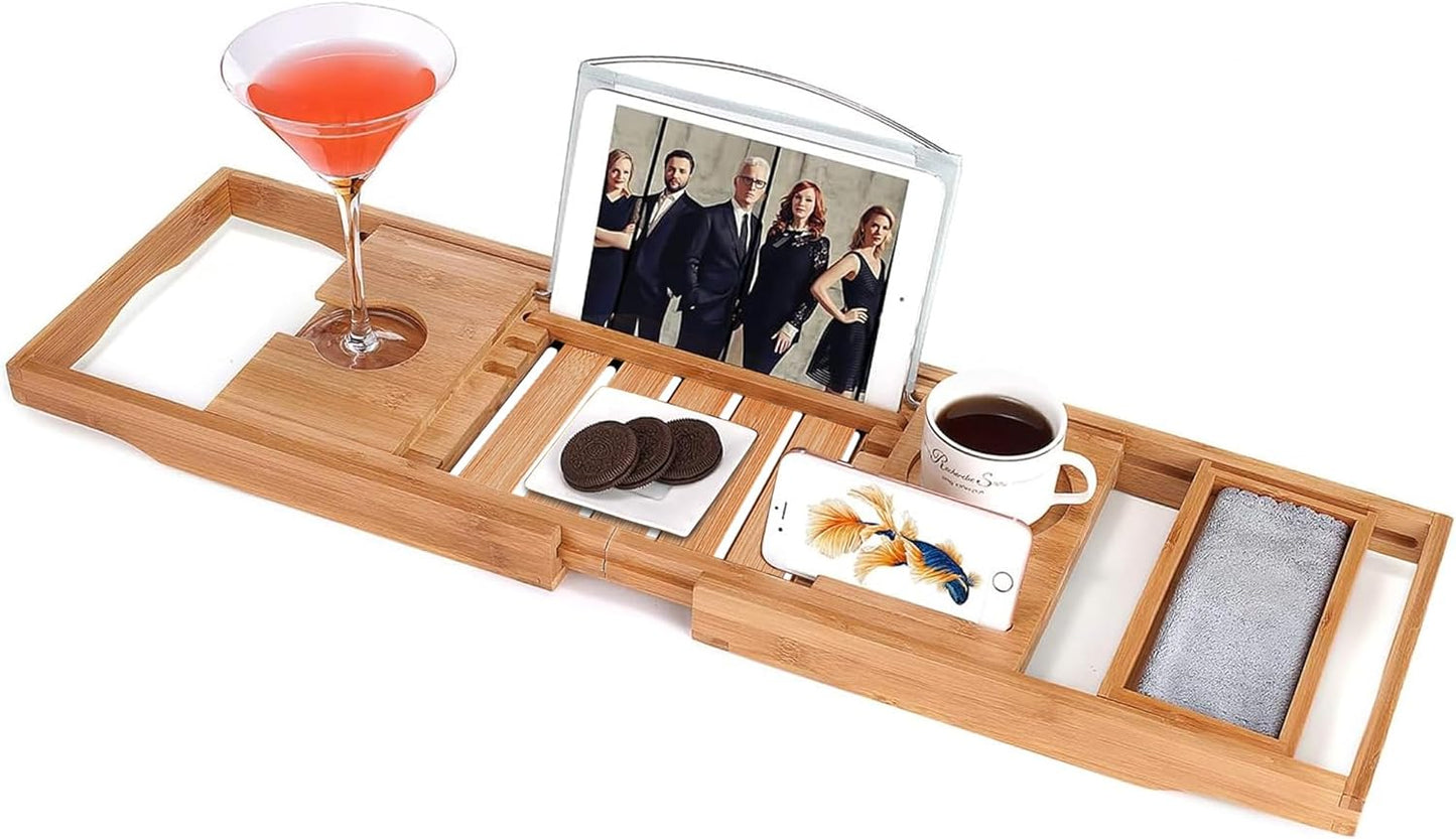 Adjustable Bamboo Bathtub Tray – Luxurious Caddy with Book, Tablet, Wine Glass, & Towel Holder