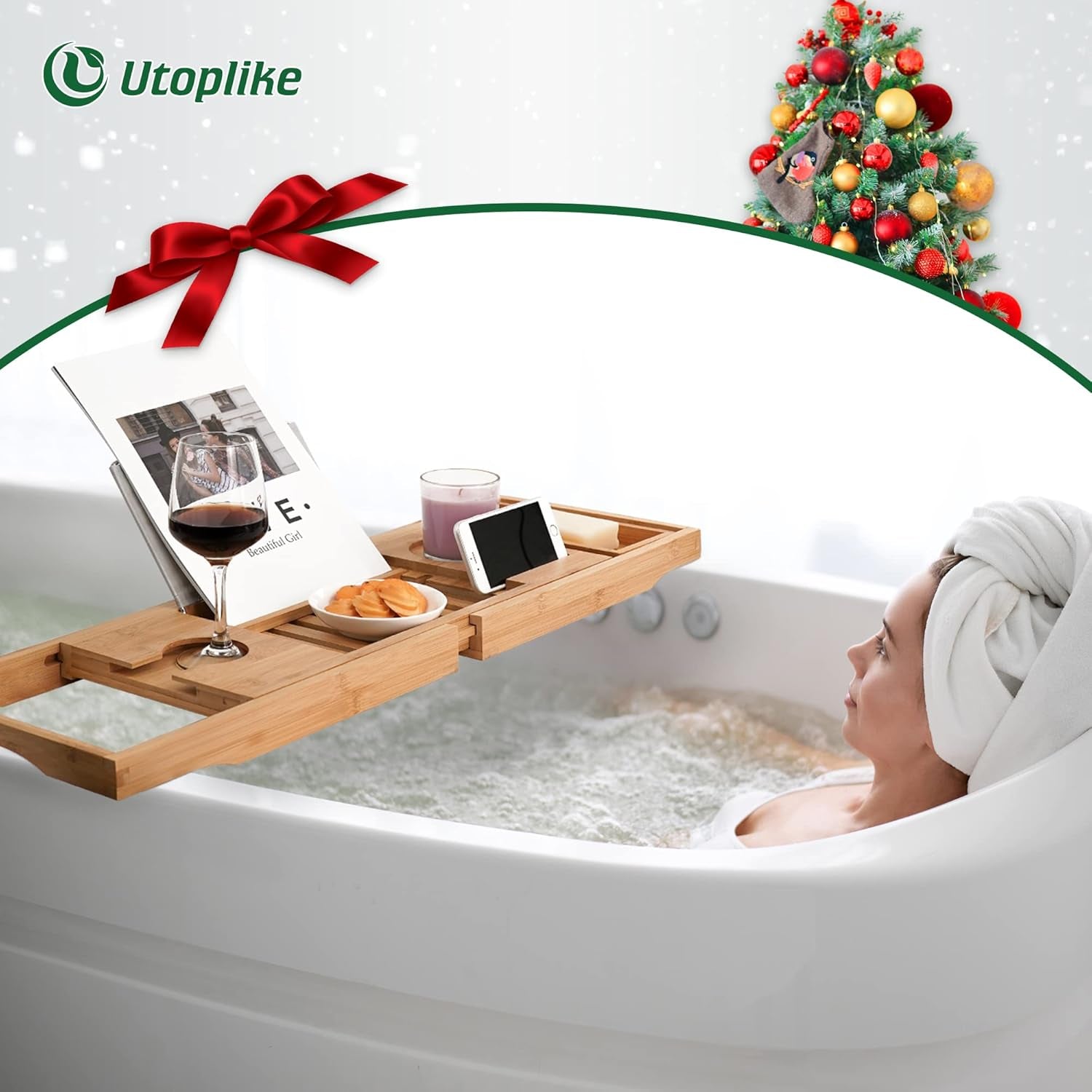 Adjustable Bamboo Bathtub Tray – Luxurious Caddy with Book, Tablet, Wine Glass, & Towel Holder