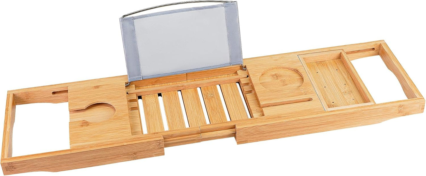 Adjustable Bamboo Bathtub Tray – Luxurious Caddy with Book, Tablet, Wine Glass, & Towel Holder